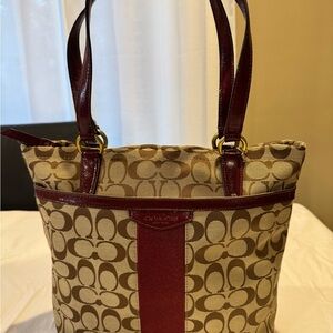 Coach Tan and Burgundy Signature Tote